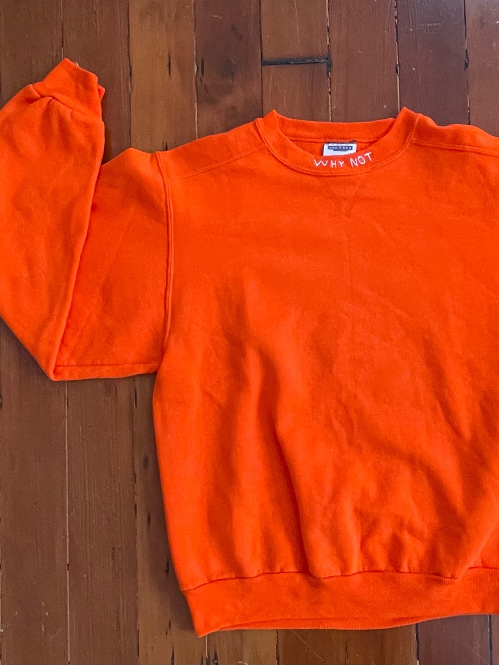 Vintage Jerzees Bright Orange Crewneck Sweatshirt with "WHY NOT" Hand Embroidery